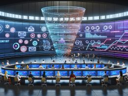 Futuristisches Marketingteam in Kontrollraum mit transparenten Screens, Hologrammen und KI-Analytics, die eine innovative E-Mail-Strategie visualisieren.