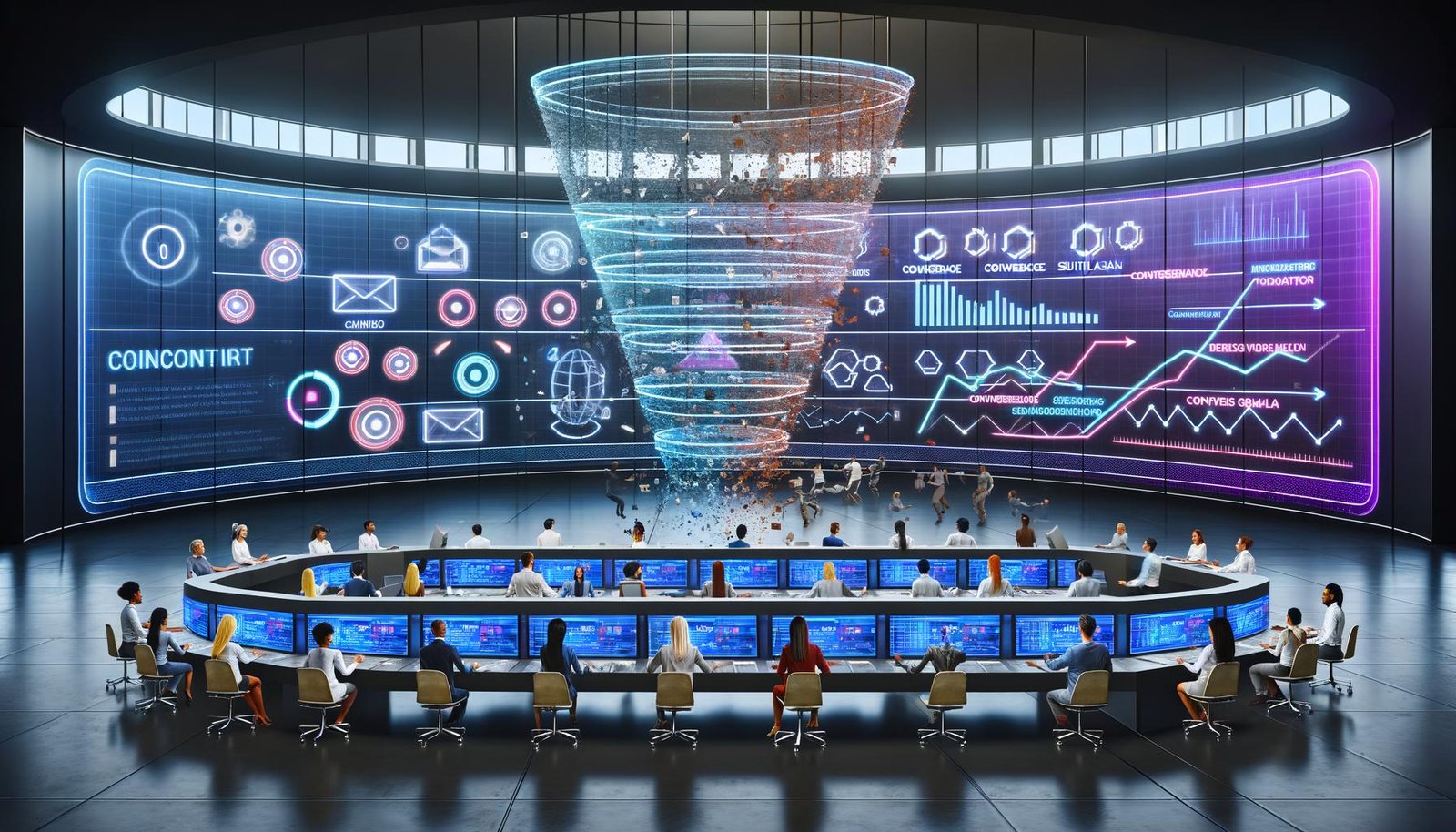 Futuristisches Marketingteam in Kontrollraum mit transparenten Screens, Hologrammen und KI-Analytics, die eine innovative E-Mail-Strategie visualisieren.