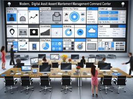 Modernes Dashboard für digitales Asset Management mit Teamarbeit im Hintergrund, verschiedenen Geräten und klaren Verwaltungsfunktionen.