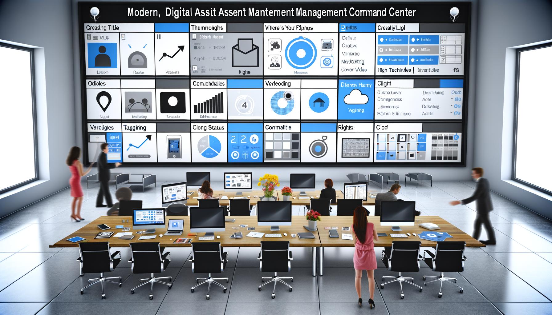 Modernes Dashboard für digitales Asset Management mit Teamarbeit im Hintergrund, verschiedenen Geräten und klaren Verwaltungsfunktionen.