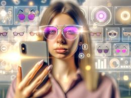 Junge Frau hält Smartphone vor das Gesicht und probiert virtuell Sonnenbrillen in einer Augmented-Reality-Anwendung mit 3D-Brillen und Make-up-Overlays aus.