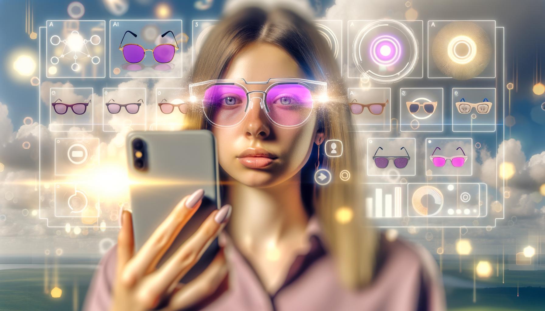 Junge Frau hält Smartphone vor das Gesicht und probiert virtuell Sonnenbrillen in einer Augmented-Reality-Anwendung mit 3D-Brillen und Make-up-Overlays aus.