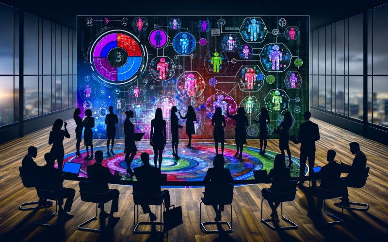 Marketing-Profis analysieren farbige Datencluster und segmentierte Zielgruppen auf einem großen digitalen Display in einem modernen, technologiegeladenen Arbeitsraum.