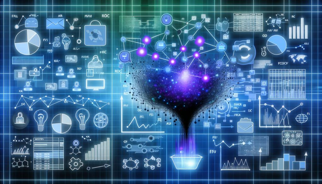 Futuristische Darstellung eines Predictive Analytics Modells mit neuronalen Netzwerken, vielfältigen Datenquellen und Analyse-Metriken in technischen Blautönen.