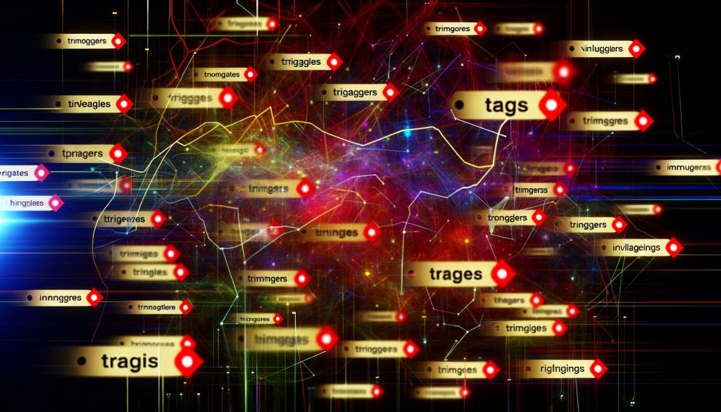 Überladenes Google Tag Manager Dashboard mit chaotisch verstreuten Tags, unscharfen Variablennamen, blinkenden Warnlichtern und Datenströmen mit Warnsymbolen im Hintergrund