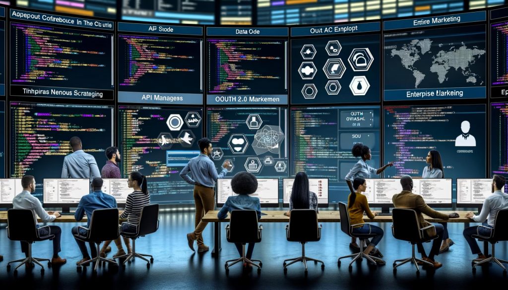 Moderne Leitstelle mit mehreren Monitoren, die LinkedIn-APIs, Diagramme zu OAuth 2.0 und Datencharts zeigen, umgeben von einem diversen, kollaborierenden Technikteam.