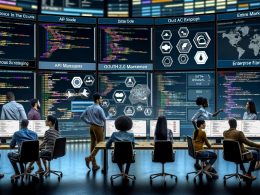 Moderne Leitstelle mit mehreren Monitoren, die LinkedIn-APIs, Diagramme zu OAuth 2.0 und Datencharts zeigen, umgeben von einem diversen, kollaborierenden Technikteam.