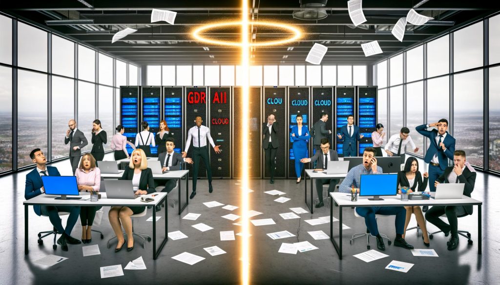 Hälftig geteiltes Büro mit gestressten Geschäftsleuten und überforderten Papierstapeln neben selbstbewussten Digital-Profis im modernen IT-Umfeld.