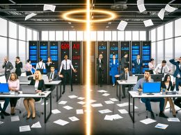 Hälftig geteiltes Büro mit gestressten Geschäftsleuten und überforderten Papierstapeln neben selbstbewussten Digital-Profis im modernen IT-Umfeld.