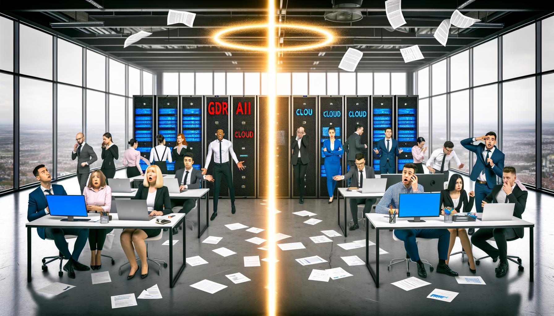 Hälftig geteiltes Büro mit gestressten Geschäftsleuten und überforderten Papierstapeln neben selbstbewussten Digital-Profis im modernen IT-Umfeld.