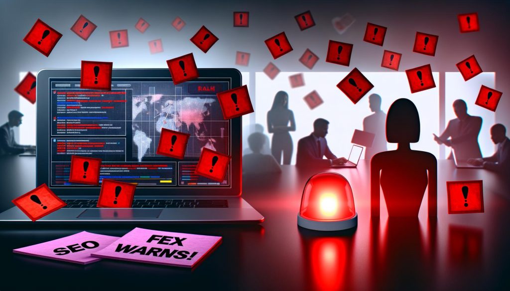 Stilisiertes Bild eines chaotischen digitalen Arbeitsplatzes mit Google Search Console voller roter Warnungen, umgeben von Zetteln zu SEO-Problemen, im Hintergrund ignorieren Marketer reale Alarme zugunsten futuristischer KI-Tools.