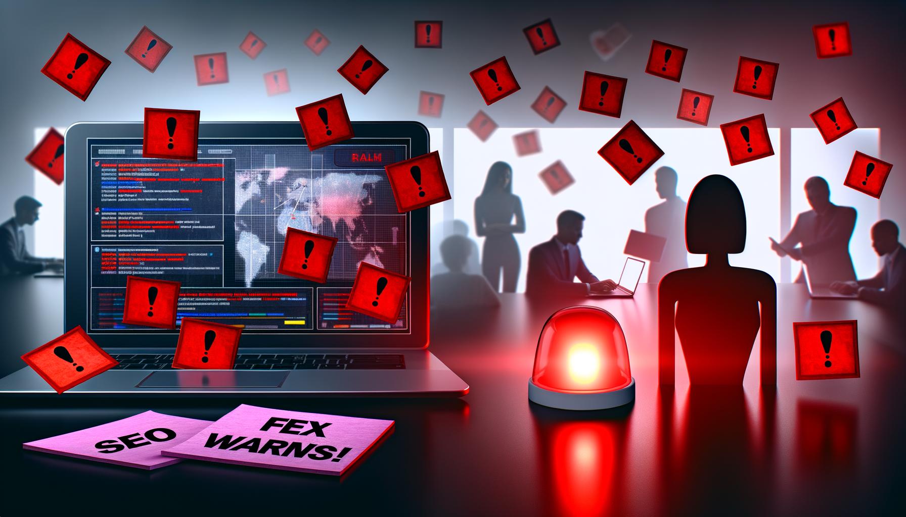 Stilisiertes Bild eines chaotischen digitalen Arbeitsplatzes mit Google Search Console voller roter Warnungen, umgeben von Zetteln zu SEO-Problemen, im Hintergrund ignorieren Marketer reale Alarme zugunsten futuristischer KI-Tools.