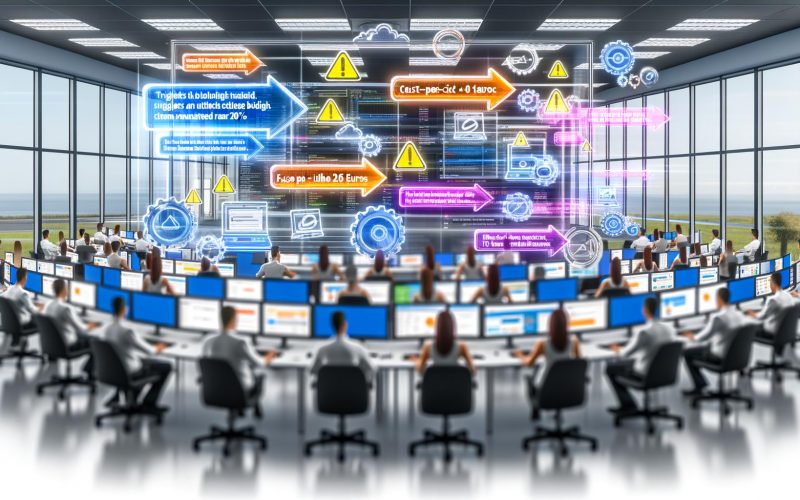 Digitale Marketing-Experten in einem modernen Büro überwachen Werbekampagnen an großen Bildschirmen mit Dashboards und visuellen Automatisierungsregeln für Google Ads, Facebook Ads und Microsoft Advertising.