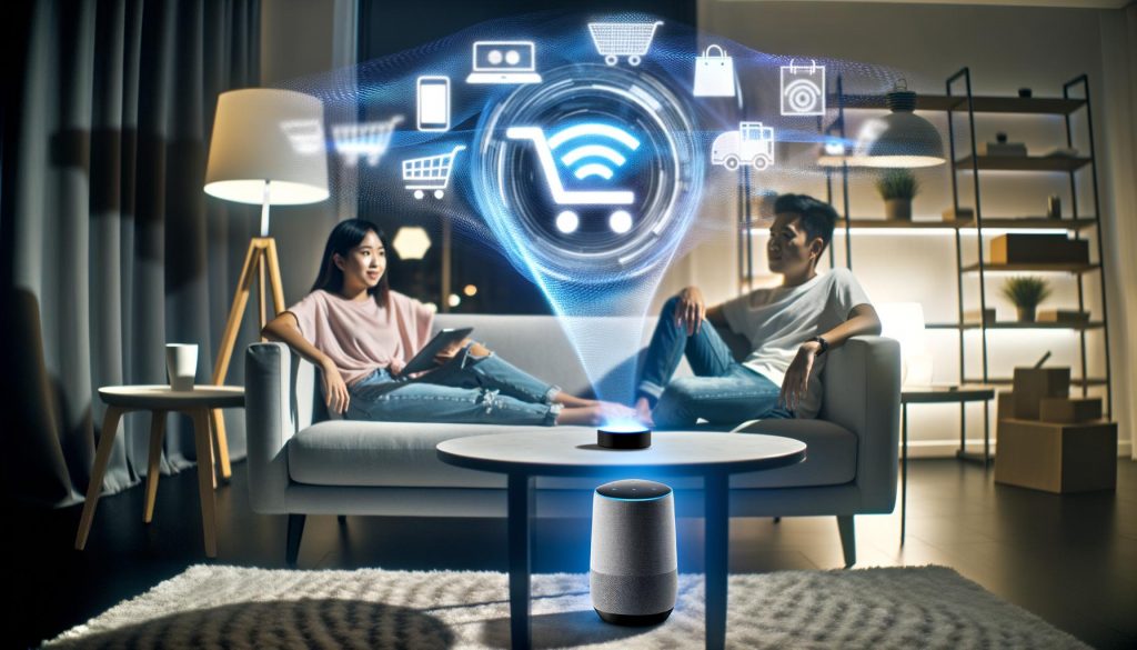 Futuristisches Wohnzimmer mit jungem Paar, das einen modernen Smart Speaker nutzt, während Hologramm-Shopping-Symbole in der Luft schweben.