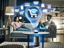 Futuristisches Wohnzimmer mit jungem Paar, das einen modernen Smart Speaker nutzt, während Hologramm-Shopping-Symbole in der Luft schweben.