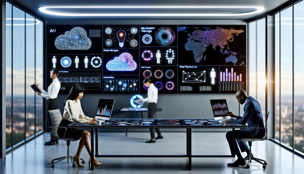 Modernes Büro mit digitaler Datenvisualisierungswand, kollaborierenden Marketing- und Data-Science-Teams an Touchscreen-Tischen, KI- und Cloud-Icons im Hintergrund.