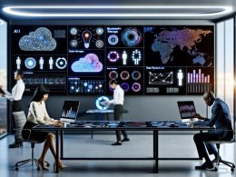 Modernes Büro mit digitaler Datenvisualisierungswand, kollaborierenden Marketing- und Data-Science-Teams an Touchscreen-Tischen, KI- und Cloud-Icons im Hintergrund.