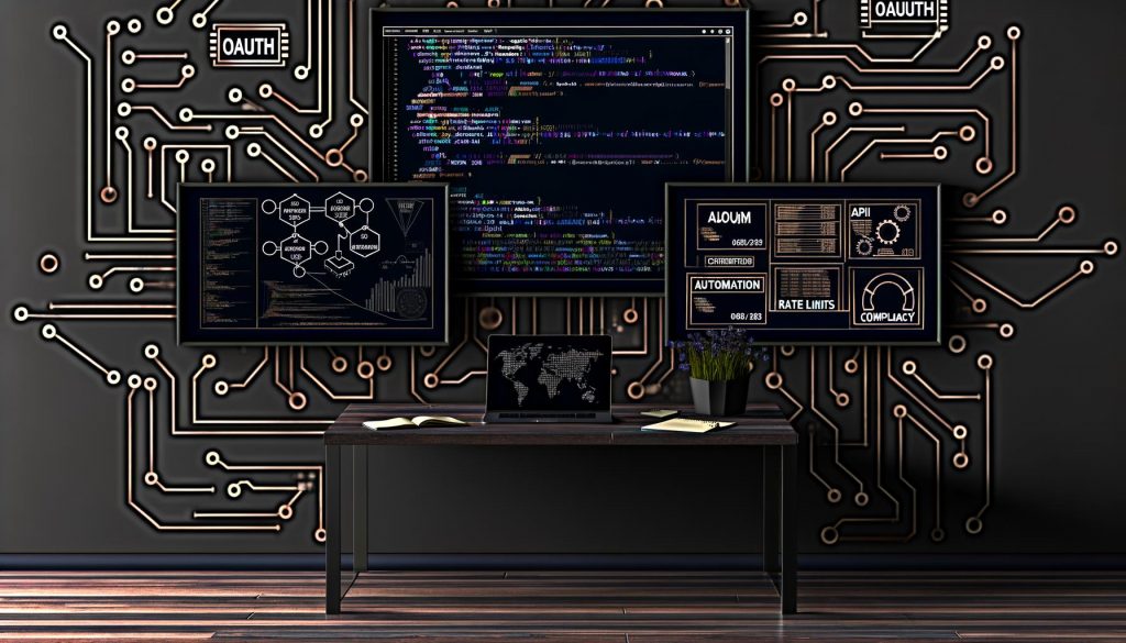 Moderner, dunkler Arbeitsplatz mit drei Bildschirmen, die LinkedIn-Analysen, API-Code und Automatisierungs-Flowcharts anzeigen, umgeben von technischen Notizen und digitalen Schaltplänen.