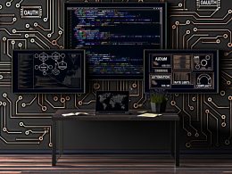 Moderner, dunkler Arbeitsplatz mit drei Bildschirmen, die LinkedIn-Analysen, API-Code und Automatisierungs-Flowcharts anzeigen, umgeben von technischen Notizen und digitalen Schaltplänen.