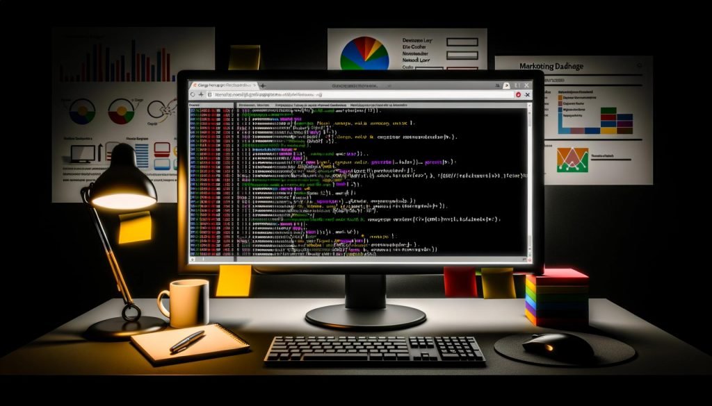 Dunkler Schreibtisch mit mehreren Bildschirmen: Google Tag Manager im Debug-Modus, DevTools Console mit Data Layer Einträgen, umgeben von Notizzetteln und Kaffeebecher, im Hintergrund unscharfe Marketing-Diagramme.