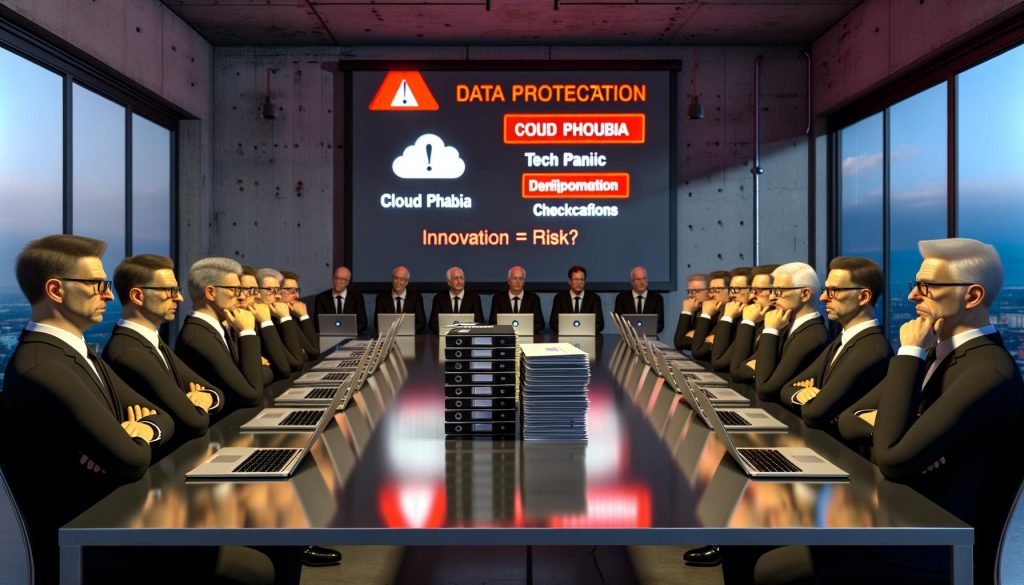Moderne Konferenzraum-Szene mit angespannten deutschen Managern, die auf einen Bildschirm mit Warnsymbolen zu Datenschutz, Cloud-Phobie und Techpanik blicken. Zwischen Laptops liegen Stapel von Compliance-Dokumenten und Checklisten.