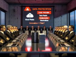 Moderne Konferenzraum-Szene mit angespannten deutschen Managern, die auf einen Bildschirm mit Warnsymbolen zu Datenschutz, Cloud-Phobie und Techpanik blicken. Zwischen Laptops liegen Stapel von Compliance-Dokumenten und Checklisten.