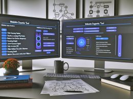 Dual-Monitor-Arbeitsplatz mit geöffneter Semrush Site Audit Dashboard und fortgeschrittenen Crawlereinstellungen; technische SEO-Notizen, Flowcharts, Bücher und Kaffee daneben.