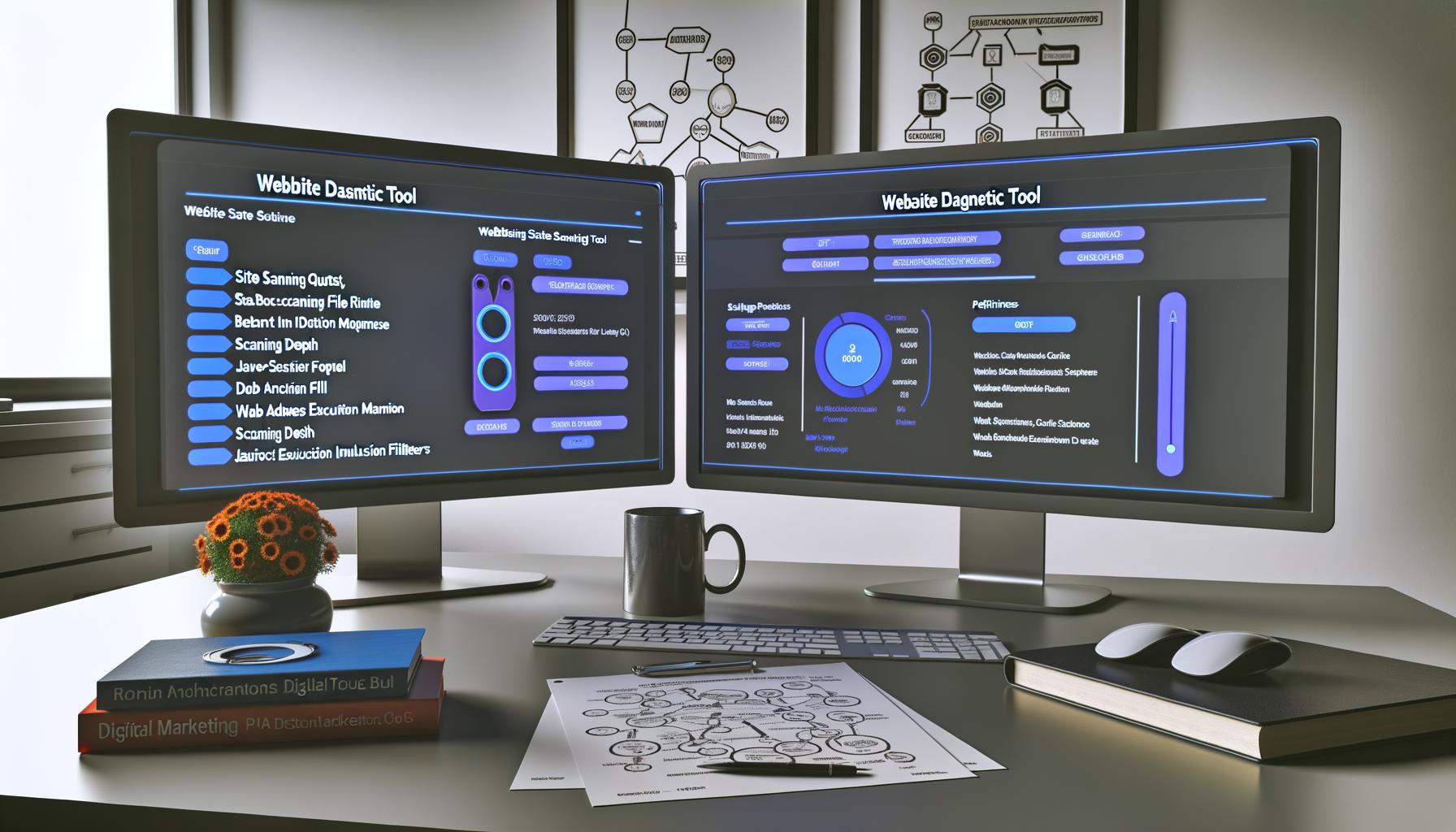 Dual-Monitor-Arbeitsplatz mit geöffneter Semrush Site Audit Dashboard und fortgeschrittenen Crawlereinstellungen; technische SEO-Notizen, Flowcharts, Bücher und Kaffee daneben.