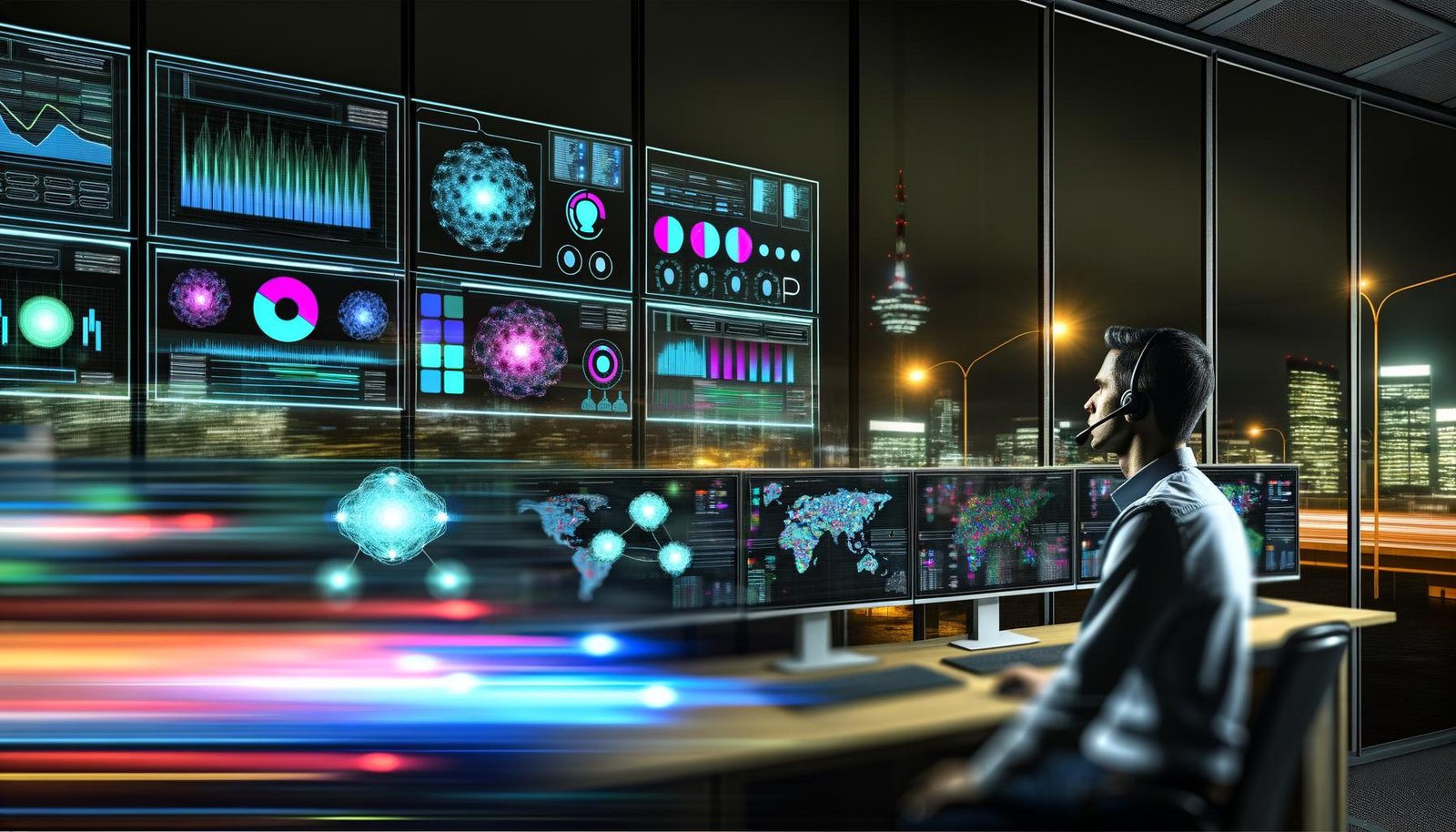 Operator mit Headset überwacht nächtliche Hightech-Kontrollzentrale mit animierten Datenströmen, Heatmaps, Grafiken und KI-Symbolen auf mehreren Monitoren vor einer beleuchteten Stadt.