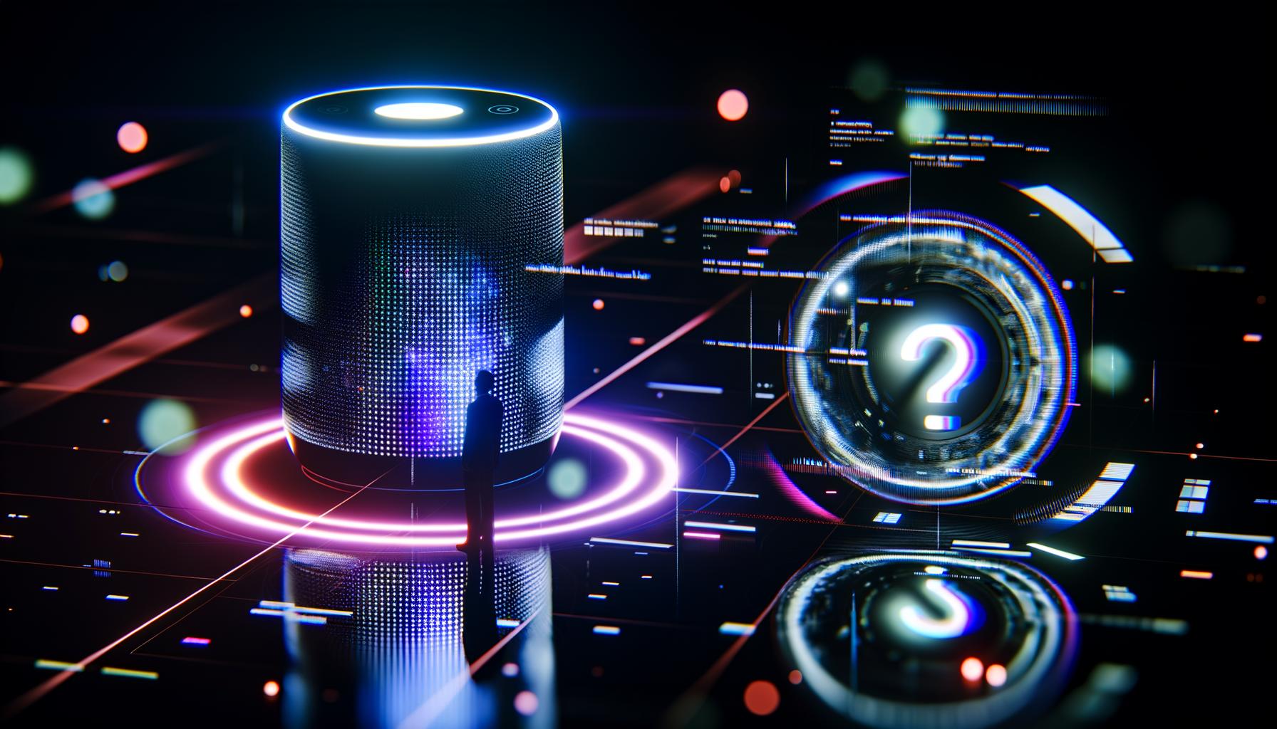 Futuristische Darstellung einer Person vor einem leuchtenden Smart Speaker mit holographischen Wellenformen und digitalen Überlagerungen, umgeben von Neonlicht und technischen Störelementen