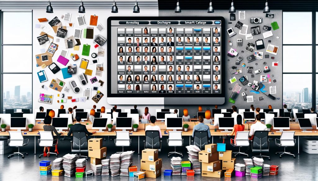 Büro mit verstreuten Akten, USB-Sticks und chaotischen Computerdaten, kontrastiert durch ein zentrales, aufgeräumtes Digital Asset Management-System auf großem Monitor.