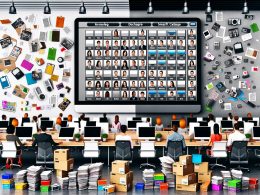 Büro mit verstreuten Akten, USB-Sticks und chaotischen Computerdaten, kontrastiert durch ein zentrales, aufgeräumtes Digital Asset Management-System auf großem Monitor.