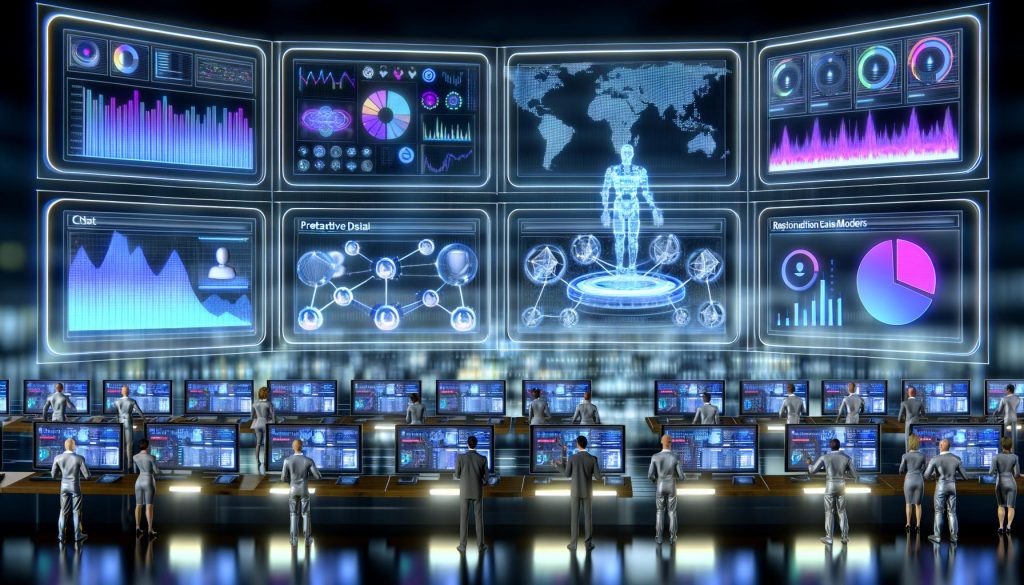 Marketing-Profis in einem Hightech-Kontrollraum analysieren holografische Charts und KI-Modelle auf digitalen Anzeigen mit automatisierten Datenströmen.