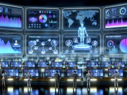 Marketing-Profis in einem Hightech-Kontrollraum analysieren holografische Charts und KI-Modelle auf digitalen Anzeigen mit automatisierten Datenströmen.