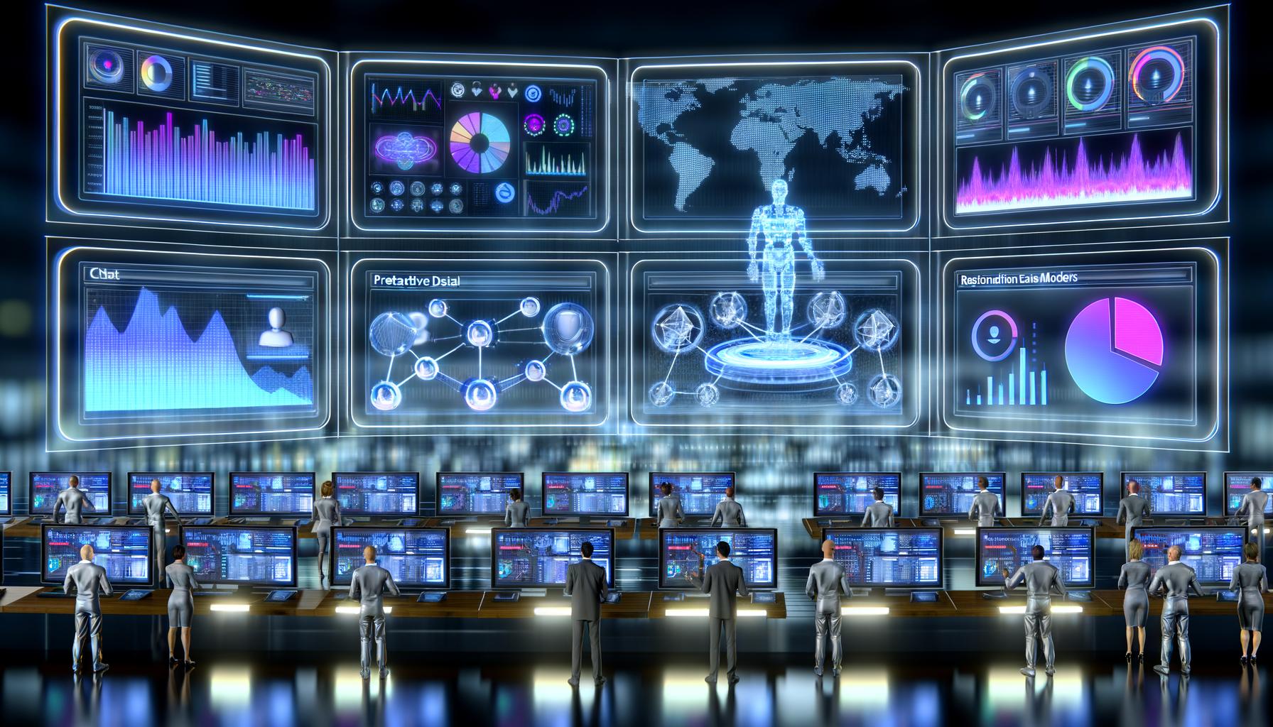 Marketing-Profis in einem Hightech-Kontrollraum analysieren holografische Charts und KI-Modelle auf digitalen Anzeigen mit automatisierten Datenströmen.