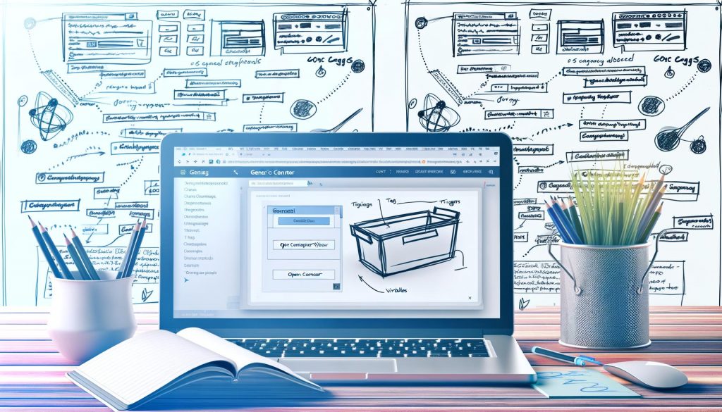 Offener Laptop mit Google Tag Manager Oberfläche und vielfältigen Tags, Triggern und Variablen auf einem modernen Schreibtisch, dazu Notizzettel und digitale Tracking-Symbole im Hintergrund.