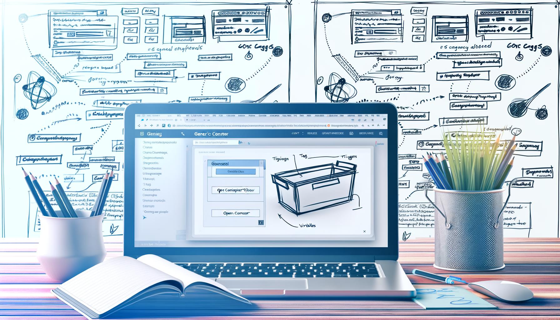 Offener Laptop mit Google Tag Manager Oberfläche und vielfältigen Tags, Triggern und Variablen auf einem modernen Schreibtisch, dazu Notizzettel und digitale Tracking-Symbole im Hintergrund.