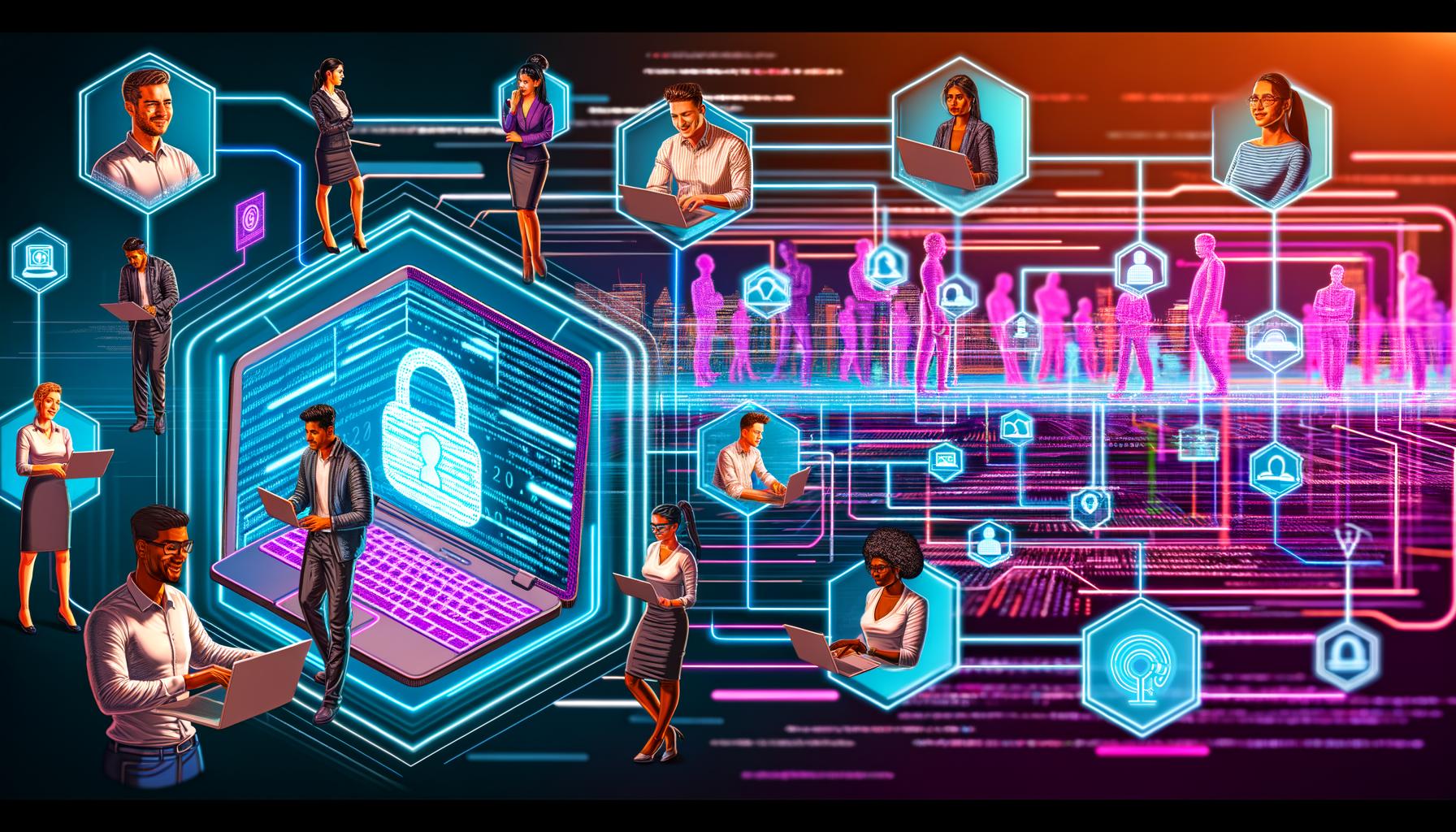 Illustrationen und Szenen zur LinkedIn API: Entwicklerteams arbeiten an digitalen Dashboards, API-Endpunkte werden technisch visualisiert, smarte Integrationen mit CRM, Sicherheitsmaßnahmen, Compliance-Checks, ein Praxis-Guide zur Integration und zukunftsweisende API-Trends.