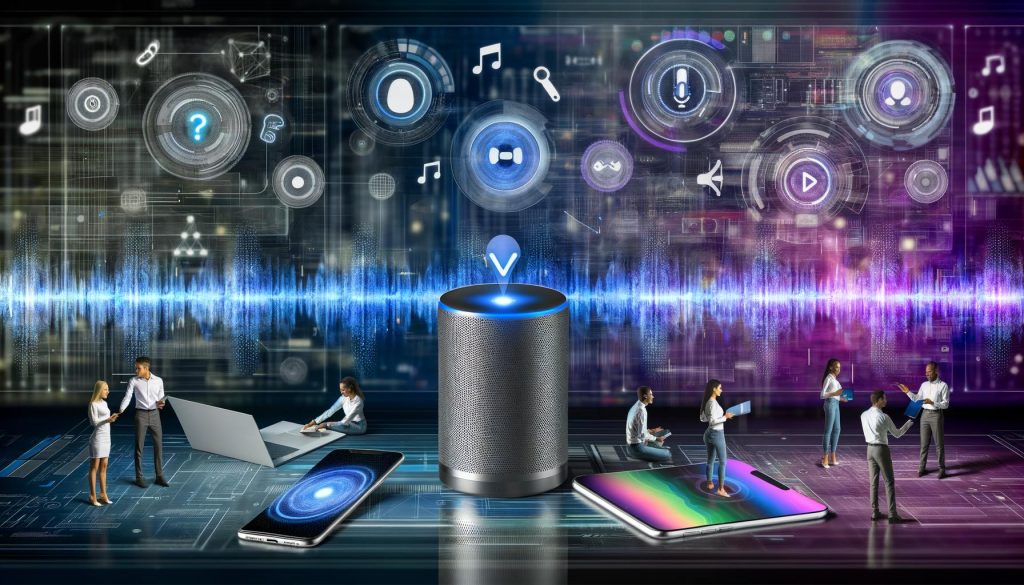 Futuristischer Arbeitsplatz mit Sprachassistenten, Hologrammen, technischen Plänen und diversen Nutzern, die durch Sprache mit modernen Geräten interagieren.