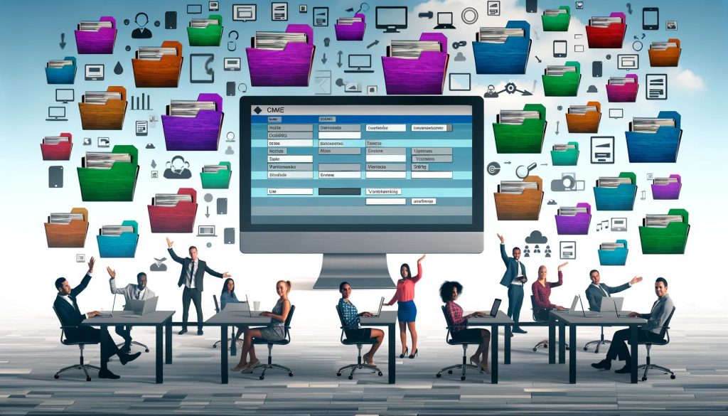 Team arbeitet an einem Schreibtisch mit digitalen Geräten und zentralem Bildschirm mit Digital Asset Management Benutzeroberfläche, Metadaten-Tags, Versionierungsbalken und diversen Dateiformaten. Im Hintergrund verblassen Papierordner und Papierstapel.