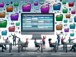 Team arbeitet an einem Schreibtisch mit digitalen Geräten und zentralem Bildschirm mit Digital Asset Management Benutzeroberfläche, Metadaten-Tags, Versionierungsbalken und diversen Dateiformaten. Im Hintergrund verblassen Papierordner und Papierstapel.