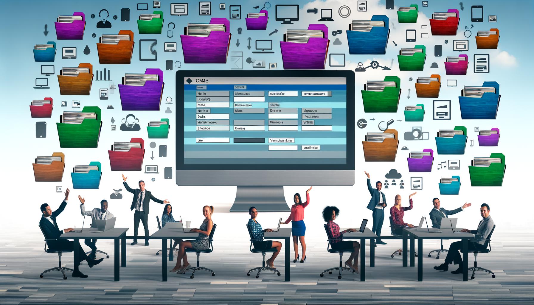 Team arbeitet an einem Schreibtisch mit digitalen Geräten und zentralem Bildschirm mit Digital Asset Management Benutzeroberfläche, Metadaten-Tags, Versionierungsbalken und diversen Dateiformaten. Im Hintergrund verblassen Papierordner und Papierstapel.