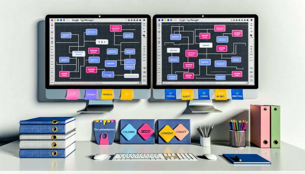 Moderner Arbeitsplatz mit zwei Monitoren, die eine klar strukturierte Google Tag Manager Oberfläche zeigen, umgeben von Post-its und organisierten Notizbüchern für Dokumentation, Audit und Berechtigungen.