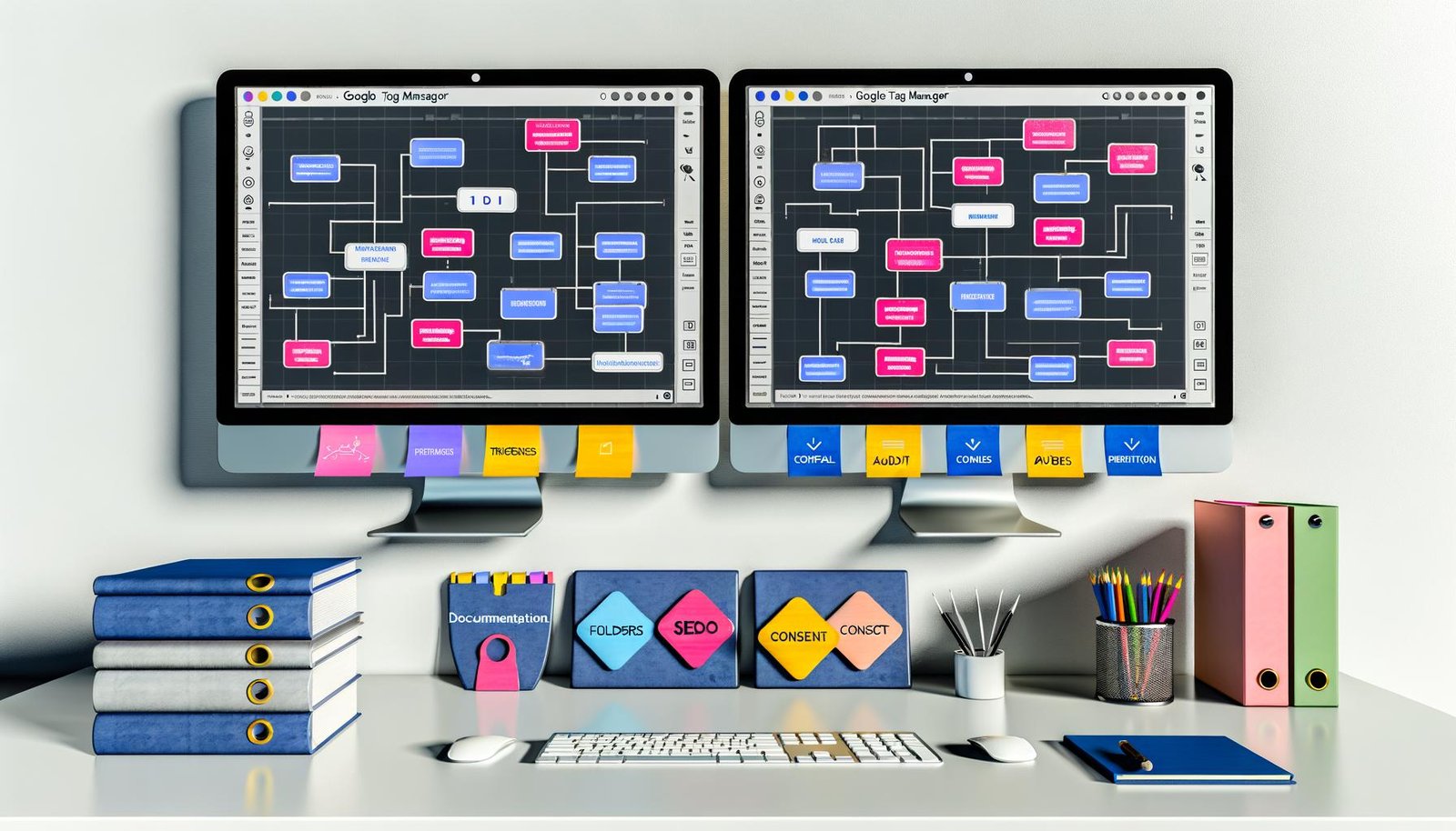 Moderner Arbeitsplatz mit zwei Monitoren, die eine klar strukturierte Google Tag Manager Oberfläche zeigen, umgeben von Post-its und organisierten Notizbüchern für Dokumentation, Audit und Berechtigungen.