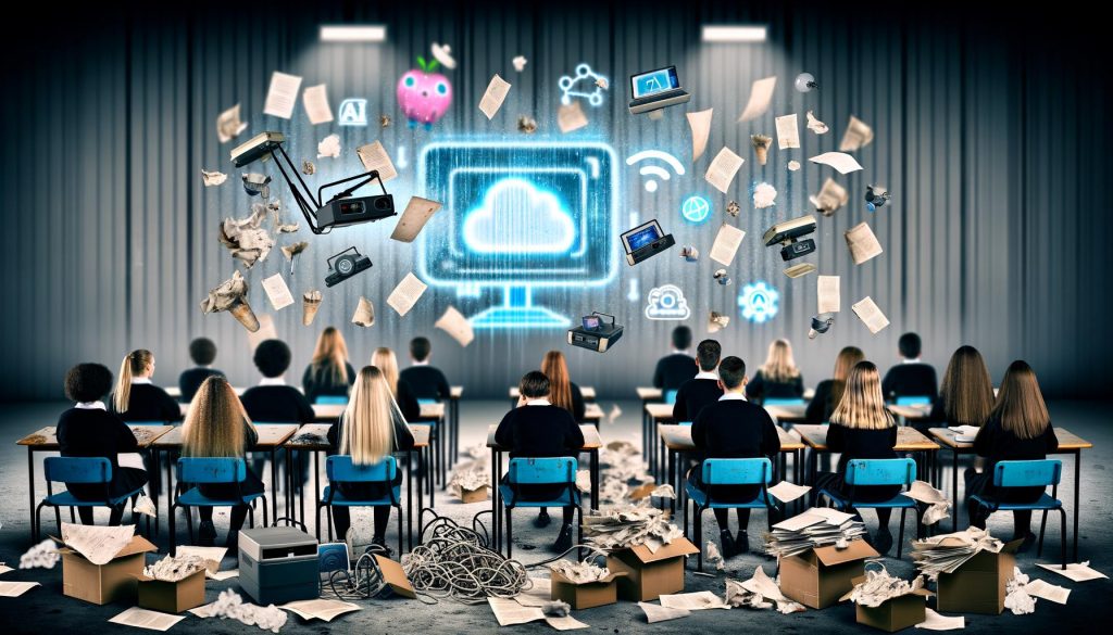 Schüler zwischen Overheadprojektoren und Papierstapel, im Hintergrund futuristisches digitales Klassenzimmer mit KI- und Cloud-Symbolen.