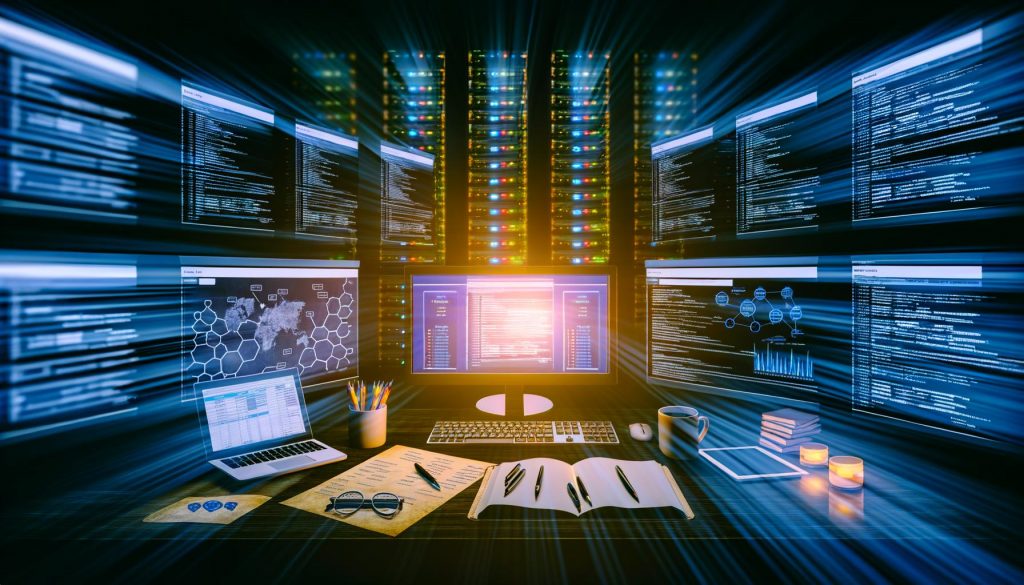 Dunkler SEO-Arbeitsplatz mit mehreren Monitoren, technischen SEO-Diagrammen, Notizbüchern, Kaffeetassen und Server-Racks im Hintergrund bei Nacht.