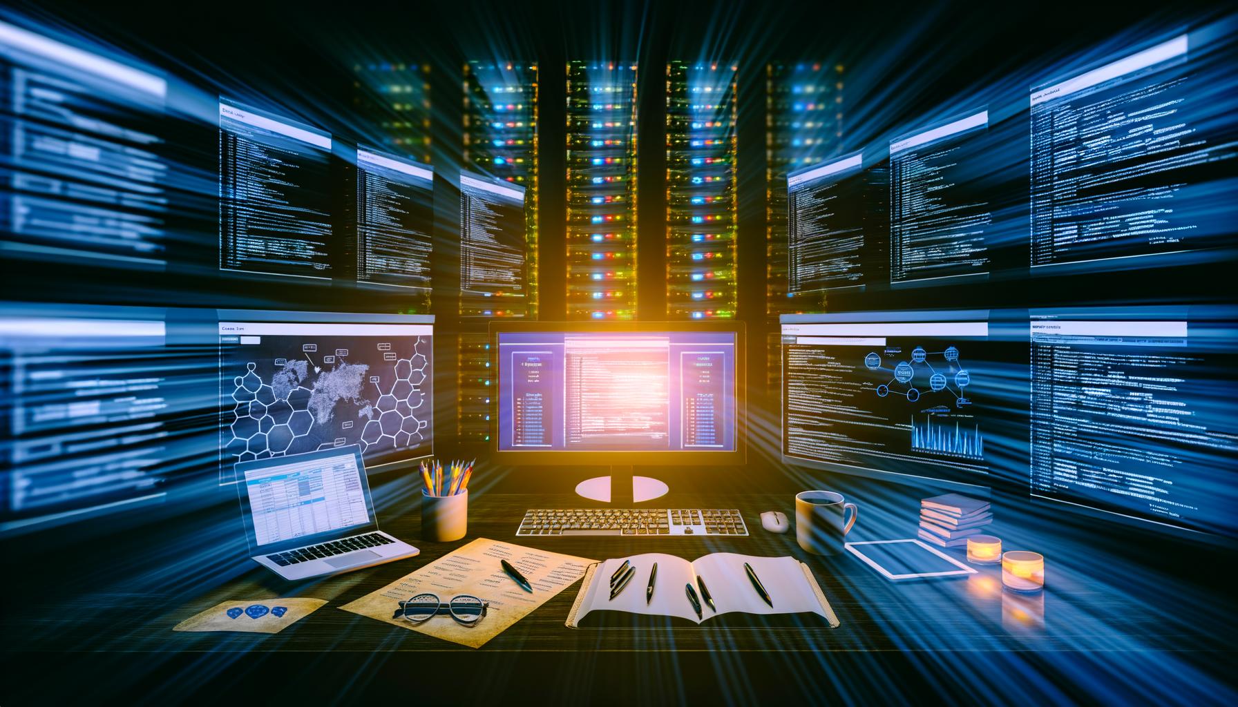 Dunkler SEO-Arbeitsplatz mit mehreren Monitoren, technischen SEO-Diagrammen, Notizbüchern, Kaffeetassen und Server-Racks im Hintergrund bei Nacht.