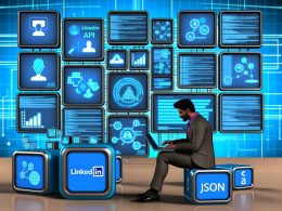 Illustration eines Hightech-Büros mit LinkedIn API Workflows, Endpunkt-Symbolen, CRM-Automatisierung, Compliance-Hinweisen und Wettbewerbsszene aus 404 Magazine. Verschiedene visuelle Szenen zu LinkedIn API Nutzung, Automatisierung, Rate Limits und Analyse.