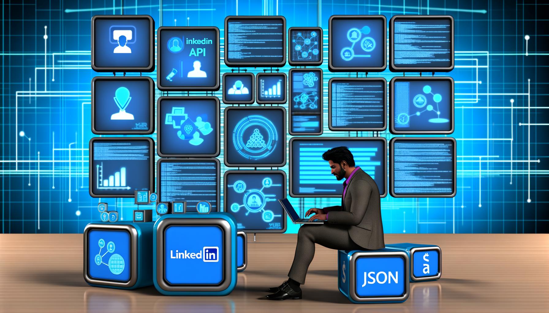 Illustration eines Hightech-Büros mit LinkedIn API Workflows, Endpunkt-Symbolen, CRM-Automatisierung, Compliance-Hinweisen und Wettbewerbsszene aus 404 Magazine. Verschiedene visuelle Szenen zu LinkedIn API Nutzung, Automatisierung, Rate Limits und Analyse.