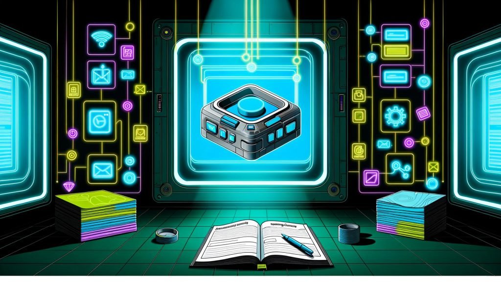 Detailreiche Illustration eines futuristischen Google Tag Manager Containers als leuchtendes Steuerpult mit vernetzten Datenlinien, umgeben von abstrahierten Marketing-, Analytics- und Adplattform-Icons, vor dramatischem Hintergrund und geordneten Notizzetteln im Vordergrund.
